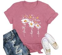 Qskall Womens Christian T-Shirts Daisy Floral Shirt Faith Hope Love Tee Butterfly Tops Pink