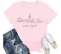 Qskall Women's London England T-Shirts London Skyline Print Shirt Casual Crew Neck Tee Tops Pink