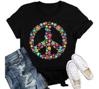 Qskall Womens Peace Sign T Shirts 60s 70s Inspirational Shirt Hippie Love Tee Floral Tops Black