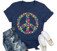 Qskall Womens Peace Sign T Shirts 60s 70s Inspirational Shirt Hippie Love Tee Floral Tops Blue
