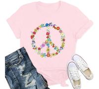 Qskall Womens Peace Sign T Shirts 60s 70s Inspirational Shirt Hippie Love Tee Floral Tops Pink