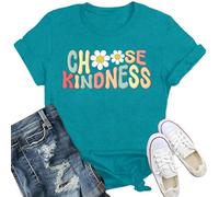 Qskall Women's T-Shirts Be Kind Smile Face Flora Shirt Choose Kindness Tee Inspirational Gifts Top Cyan