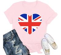 Qskall Women's Union Jack T Shirt British Flag Themed Shirts Heart Print Tee Tops Pink
