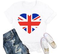 Qskall Women's Union Jack T Shirt British Flag Themed Shirts Heart Print Tee Tops White