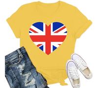 Qskall Women's Union Jack T Shirt British Flag Themed Shirts Heart Print Tee Tops Yellow