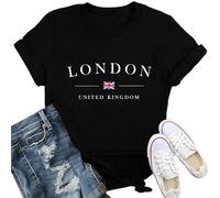 Qskall Women's Union Jack T Shirt London Shirts United Kingdom Tee Tops Black