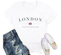 Qskall Women's Union Jack T Shirt London Shirts United Kingdom Tee Tops White