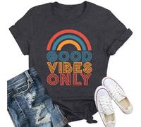 Qskall Womens Vintage Rainbow Good Vibe Only T Shirts Positive Quote Shirt Inspirational Tee Tops