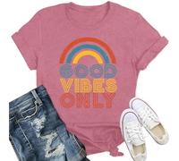 Qskall Womens Vintage Rainbow Good Vibe Only T Shirts Positive Quote Shirt Inspirational Tee Tops