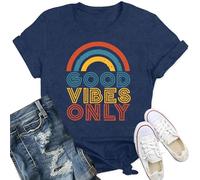 Qskall Womens Vintage Rainbow Good Vibe Only T Shirts Positive Quote Shirt Inspirational Tee Tops