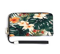 QSKDLAC Rfid Wallet Women Personalized Bluebird on The Branch Long Clutch Wallet Card Wallets For Women Men, Hawaiian Flower Leaves, 20.0*10.5cm, Modern