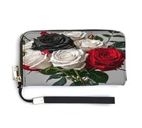 QSKDLAC Rfid Wallet Women Personalized Penguin And Sea Long Clutch Wallet Card Wallets For Women Men, Black White and Red Roses, 20.0*10.5cm, Modern
