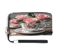 QSKDLAC Rfid Wallet Women Personalized Penguin And Sea Long Clutch Wallet Card Wallets For Women Men, Tea Cups with Roses Romantic Shabby, 20.0*10.5cm, Modern