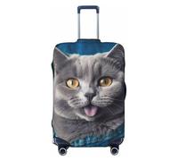 QSMBNET Travel Luggage Cover Blue cat sticking out tongue Spandex Suitcase Protector Washable Baggage Covers Fashion Elastic Scratch-Resistant Luggage Cover Protector Fits 18-32 Inch Luggage, Black, L