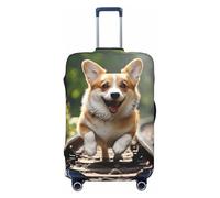 QSMBNET Travel Luggage Cover Corgi Dog Running on The Railroad Spandex Suitcase Protector Washable Baggage Covers Fashion Elastic Scratch-Resistant Luggage Cover Protector Fits 18-32 Inch Luggage