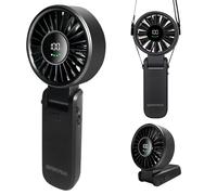 QSPORTPEAK Portable Handheld Fan,4000mAh Battery Operated Fan with LED Display,180°Folded,5 Speeds,Lanyard; 3-IN-1 Hand/Desk/Neck Fan,Travel Essentials Giftsfor Women,Men(Black)