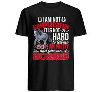 QSQLZ Not Complicated I'm Pretty and Give Me Horses Funny Floral Girl Horse T-Shirt Crew Neck Unisex Short Sleeve T-Shirt Black