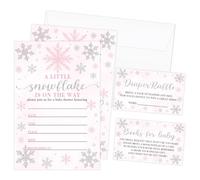 Qssfdgg A Little Snowflake Is On The Way Pink Snow Baby Shower Invitations | 25 Christmas Winter Invites With Envelopes for Gender Reveal Babies Announcement, New Born Babies Shower Party Supplies -17