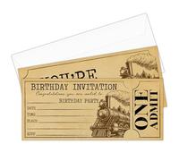 Qssfdgg Vintage Train Ticket Birthday Invitation, Retro Train Birthday Party Invitation Cards for Teens Adults, 20 Trains Ticket Invitations with Envelopes for Parties, Party Celebration Supplies-05