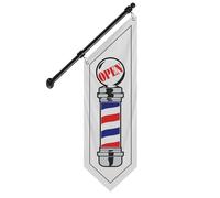 QSUM Barber Shop Wall Flag, Double-Sided Canvas Outdoor Sign with Stainless Steel Pole & Wall Mount, Weatherproof Hanging Barber Banner for Haircut- 12"x42" (White-B, 27")