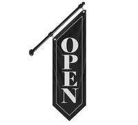 QSUM Open Canvas Wall Flag, Double-Sided Hanging Open Sign with Stainless Steel Pole and Mounting Kit, Vintage Style Business Banner, 12"x42" Open Flag (Black-B, 27")