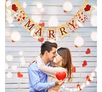QSUM Valentine's Day Banner - MARRY Burlap Hanging with LED Lights, Heart Rose Petals Romantic Decorations for Indoor Outdoor Wedding Engagement Anniversary Party Favor