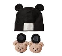 Qsvbeeqj Breathable Ear Pattern Baby Hat and Socks Elastic Cotton Polyester Mix Gentle On Sensitive Skin for Infants Hospital Photoshoot Baby Essential Black