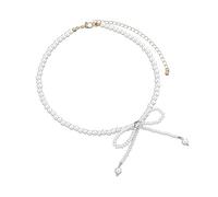 Qsvbeeqj Elegant Pearls Necklace with Tassels Bowknot Clavicle Chain Adjustable for Weddings Party and Special Occasions, ABS alloy, Cubic Zirconia