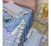 QSYEDR Blue White Checkerboard Ruffle Duvet Cover King,Plaid and Pink Yellow Flowers Frills Bedding Set,Soft Microfiber Chic Farmhouse Quilt Cover for Kids Adult Bedroom King