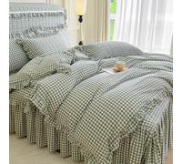 QSYEDR Green Grid Ruffle Duvet Cover Double,Reversible Checked Plaid Pattern Frilly Bedding Set Vintage Shabby Chic Gingham Quilt Cover with Pillowcase for Girls Teens Women Double