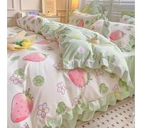 QSYEDR Pink Strawberry Ruffle Bedding Set,Lovely Flower and Heart Prints Duvet Cover King,Shabby Chic Farmhouse Quilt Cover for Girls Kids Teens Bedroom Decor King