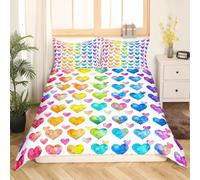 QSYEDR Rainbow Heart Double Duvet Cover,Colorful Watercolor Heart Print Bedding Set with Pillowcase,Soft Microfiber Romantic Quilt Cover for Girls Women Teens Adults Bedroom Double