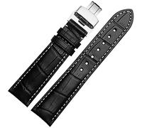 QSYJCCXD 18mm 20mm 22mm stitches with Genuine Leather Watch Band Strap Silver Steel Butterfly Watch buckle