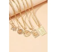 QSYJCCXD 5pcs Rhinestone Decor Chinese Dragon & Round Pendant Necklace for Women Jewelry-Default
