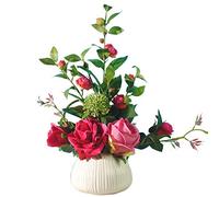 QSYJCCXD Artificial Flowers Romantic Red Roses with White Ceramic Vase Silk Flower for Living Room Decorations Fake Floral Flower Table Centerpiece Office Wedding Party Decoration