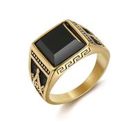 QSYJCCXD Classic Retro Ring Titanium Steel Color Preserved Gold Plated Black Agate Men's Ring Jewelry