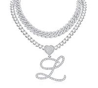 QSYJCCXD Cursive Initial Pendant Necklace for Women Miami Cuban Link Chain Layered Heart Shape Diamond Iced Out Chain Pendant Necklace Hip Hop Jewelry Gift 2PCS Chains, Metal, Cubic