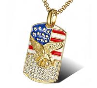 QSYJCCXD Customized engraved military brand hip-hop jewelry, titanium steel gold-plated diamond inlaid national flag eagle pendant necklace