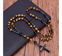 QSYJCCXD Light Blue Tiger Eye Onyx Rosary Bead Long Necklaces for Men Hematite Cross Pendant Necklace Meditation Jewelry,Brown Tiger Eye
