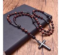 QSYJCCXD Light Blue Tiger Eye Onyx Rosary Bead Long Necklaces for Men Hematite Cross Pendant Necklace Meditation Jewelry,Dark Red Tiger Eye