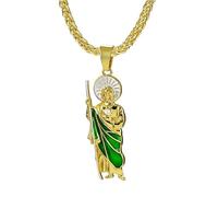 QSYJCCXD men's diamond studded jewelry Saint Jude Religious Pendant Necklace with Green Enamel Detail, Gold-Tone Chain Women's necklace Chain length 23.62 inches