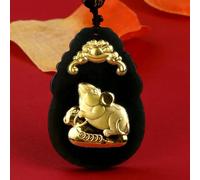 QSYJCCXD Natural an Jade Black Jade Twelve Zodiac Golden Topaz Pendant-Cattle