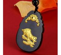 QSYJCCXD Natural an Jade Black Jade Twelve Zodiac Golden Topaz Pendant-Cattle
