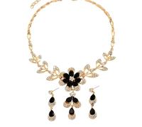 QSYJCCXD New 2026 Vintage Luxury Zircon Black Droplet Flower Tassel Necklace Earrings Jewelry Set Elegant Women's Festival Banquet Accessories Decoration Trendy Best For Gift