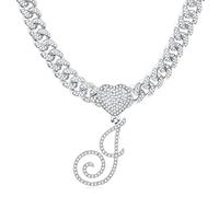 QSYJCCXD RLMOON Cursive Initial Cuban Necklace for Women Iced Out Cuban Chain Choker Necklace Diamond Initial Heart Pendant Letter Necklace Alphabet A-Z Hip Hop Jewelry