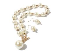 QSYJCCXD Simulated Pearl Choker Necklace Drop Dangle Earrings Crystal Large Bib Big Round Beaded Strand Multicolor Brides Costume 1920s Wedding Jewelry Set for Women-White