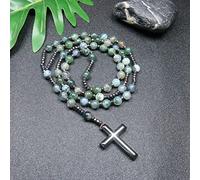 QSYJCCXD Trendy Crosses Pendant Necklace Rosary Necklaces for Men Women 8mm Polar Jade Stone Beaded Meditation Necklace