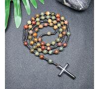 QSYJCCXD Trendy Crosses Pendant Necklace Rosary Necklaces for Men Women 8mm Polar Jade Stone Beaded Meditation Necklace