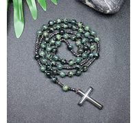 QSYJCCXD Trendy Crosses Pendant Necklace Rosary Necklaces for Men Women 8mm Polar Jade Stone Beaded Meditation Necklace