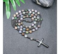 QSYJCCXD Trendy Crosses Pendant Necklace Rosary Necklaces for Men Women 8mm Polar Jade Stone Beaded Meditation Necklace
